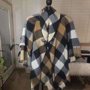 Plaid Fringe Wrap Poncho in Black, Cream & Tan